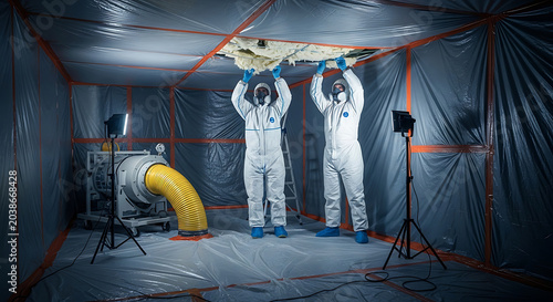 Professional asbestos remediation team in hazmat suits performing hazardous insulation removal inside a sealed plastic containment enclosure with an air scrubber