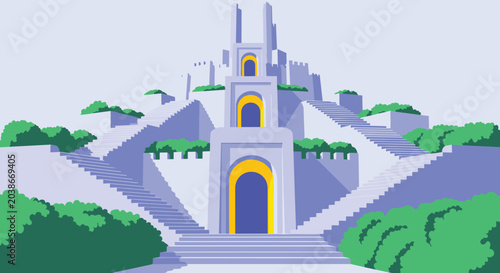 Majestic ancient stepped temple with green gardens and multiple stairways rising towards a light sky in a soft pastel color palette.