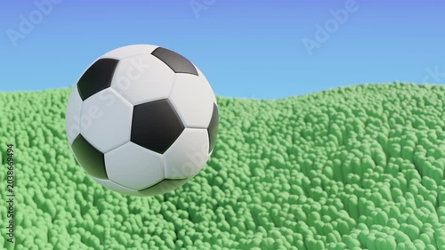 3D animation of a soccer ball and green abstract football field. Looped modern motion graphics. Football and soccer concept. Championship, competition, tournament event. Outdoor sports and activities 