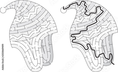 Educational maze game for kids featuring a cozy winter hat with flaps with an unsolved version and a solved version showing the black path in black and white