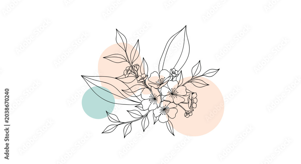 Obraz premium Artistic floral sketch of delicate cherry blossom branches with leaves overlaid on soft pastel colored circles for a clean and elegant botanical design.