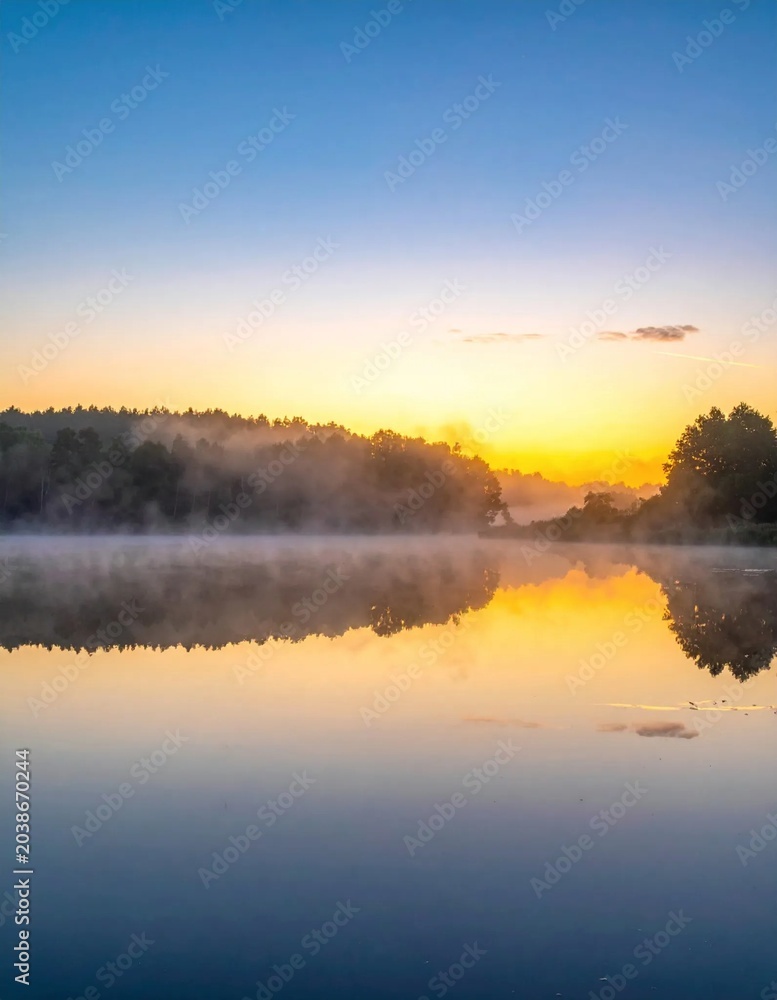 Obraz premium Serene Sunrise Over Misty Lake Reflecting Golden Sky.