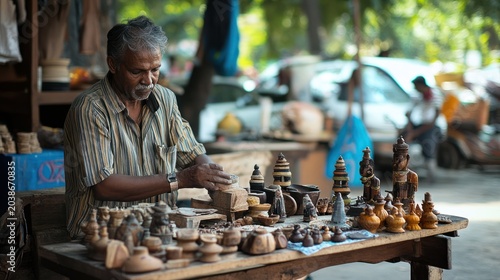 Skilled Artisan Crafting Wooden Souvenirs at Outdoor Market in Southeast Asia