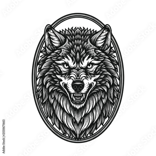 Wolf head with open mouth.