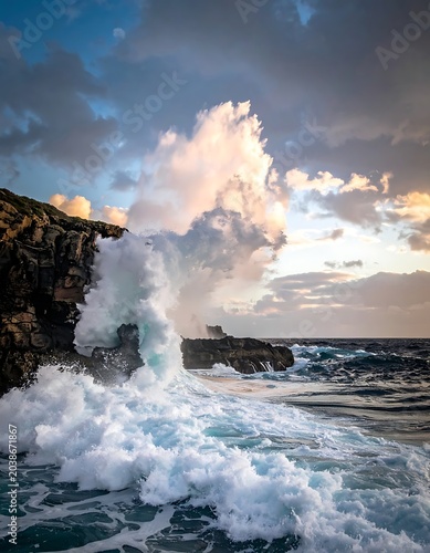 A large wave crashes against a rocky cliffside under a cloudy sky