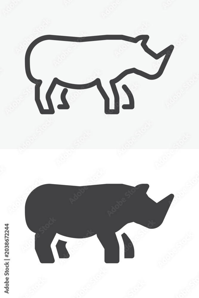 Obraz premium Rhino icon set with line outline and solid versions. Editable stroke vector icon, rhinoceros sign and symbol in different style. Rhino icon for safari wildlife themes.