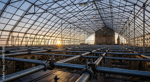 Extensive industrial scaffolding system and temporary roof structure installed for restoration of a historic cathedral highlighting construction safety and engineering