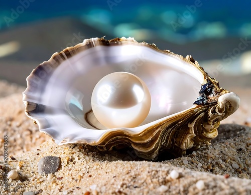 A large white pearl nestled in a brown and white seashell on sandy beach