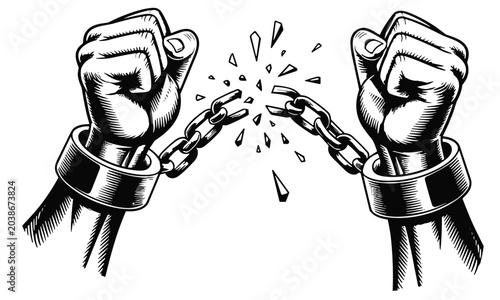 Fotografie Breaking the Chains of Oppression: Two powerful fists, adorned with heavy shackles, strain against a breaking chain, symbolizing the struggle for freedom and liberation