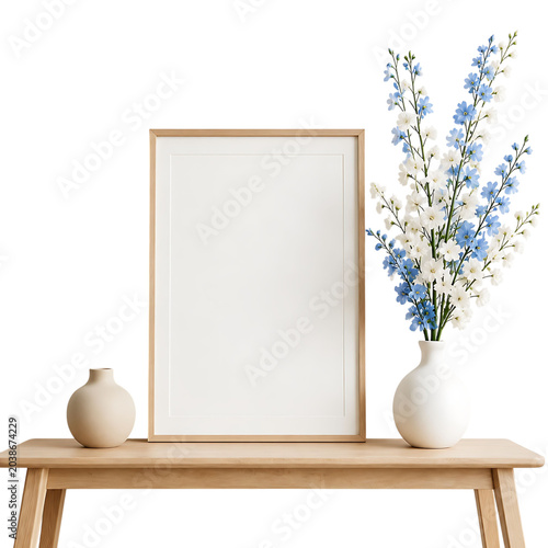 Minimalist Wooden Frame Mockup with Blue Floral Vase Interior Decor