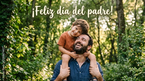 Feliz dia del padre. Feliz dia del padre father carrying smiling son on shoulders in forest.  Happy Father's Day in Spanish.
