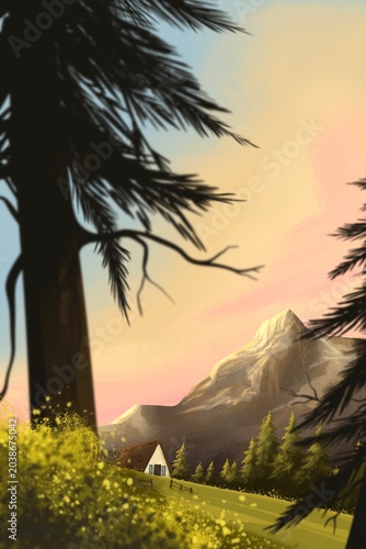 Cozy mountain cabin at sunset, peaceful landscape illustration with pine forest