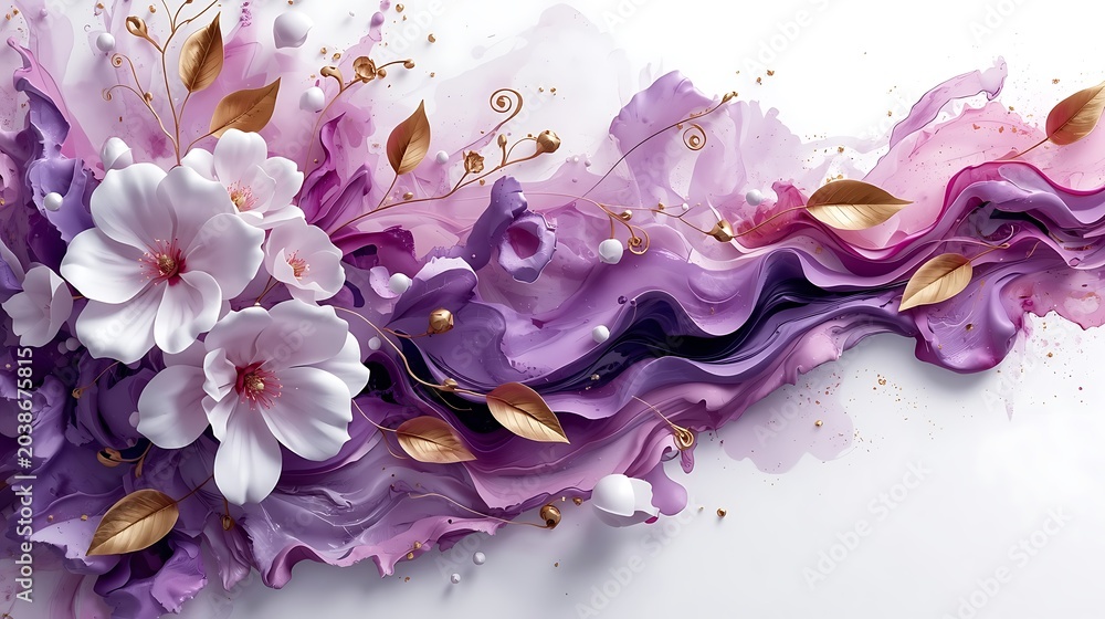 Obraz premium Elegant abstract background with white cherry blossom flowers, flowing purple silk paint waves and decorative golden leaves for wedding or luxury design