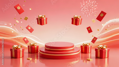 Red three-tiered display with gifts and fireworks