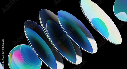 Iridescent lens stack with black background abstract technology and optical design