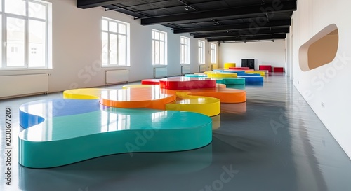 Modern interior with colorful organic shapes minimalist background contemporary art installation