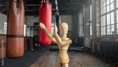 Wooden mannequin in boxing stance facing red punching bag inside rustic gym, symbolizing discipline, strength, perseverance, and the contrast between inanimate figure and athletic energy.