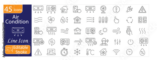 Air Conditioning Line Icons Set. Includes icons for cooling system, temperature control, ventilation, HVAC, air flow, smart climate, fan settings, and home cooling. Editable stroke. Line vector icons.
