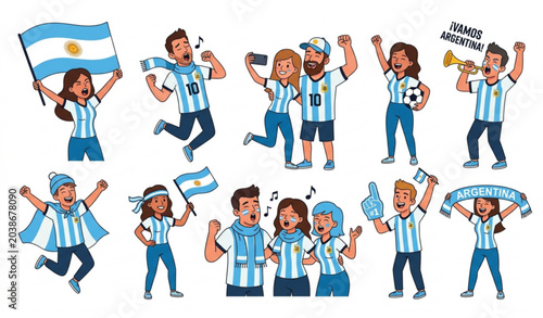 Foto Argentina Football Supporters Cartoon Vector Set with Cheering Fans and Flags