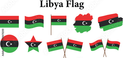Tableau sur toile Libya flags waving vector icons with Libyan national symbols libya flag badge,