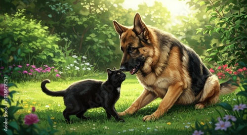 German Shepherd and Black Cat.