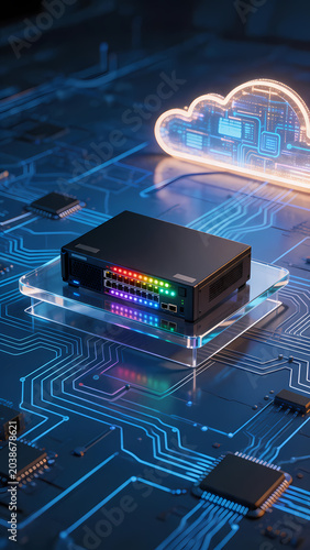 Black device on glowing blue circuit board