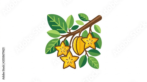Photos Fresh Star Fruit Growing on a Branch with Green Leaves.