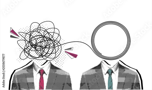 Trendy Halftone Collage two business man each other, with a chaotic brain one connecting to a calm, circular brain