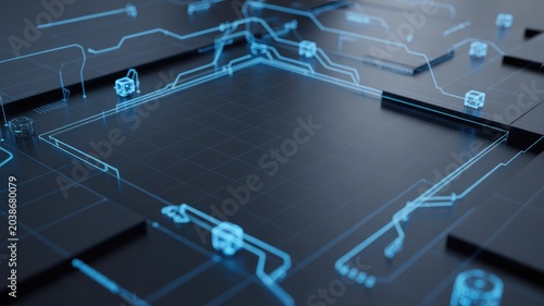 Futuristic cybersecurity technology with glowing blue circuits and digital connections on transparent background