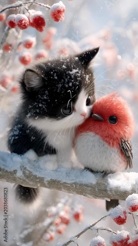 Cute black and white kitten with red bird in snowy winter nature animal video.