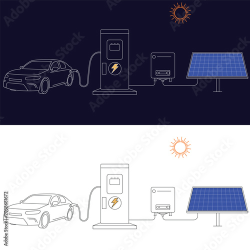 Sustainable Electric Mobility and Solar Energy, Solar Powered Electric Vehicle Charging Station Illustration