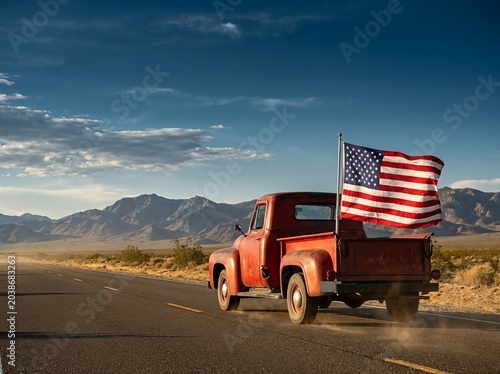 A classic red truck with an American flag drives on a desert road under a clear blue sky.