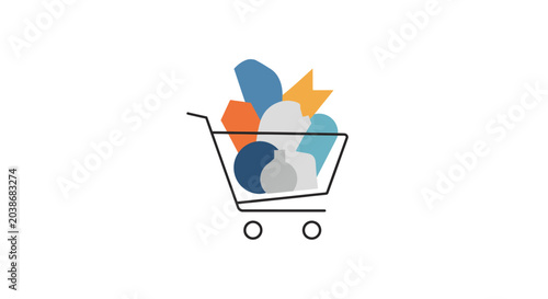 Shopping cart with colorful items.