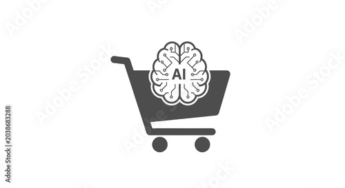Shopping cart icon with artificial intelligence brain on white background