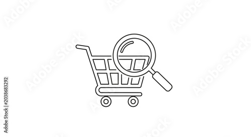 Shopping cart and magnifying glass line icon on white