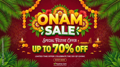 Onam Sale Festival Promotion with Floral Decor and Festive Kerala Retail Discount Campaign