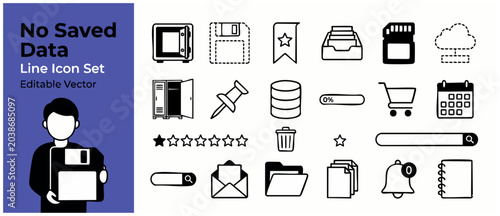 Billede på lærred No saved data icon set for web UI theme showing floppy disk, database server, cloud storage folder, and file document elements in minimalist black outline editable vector style illustration