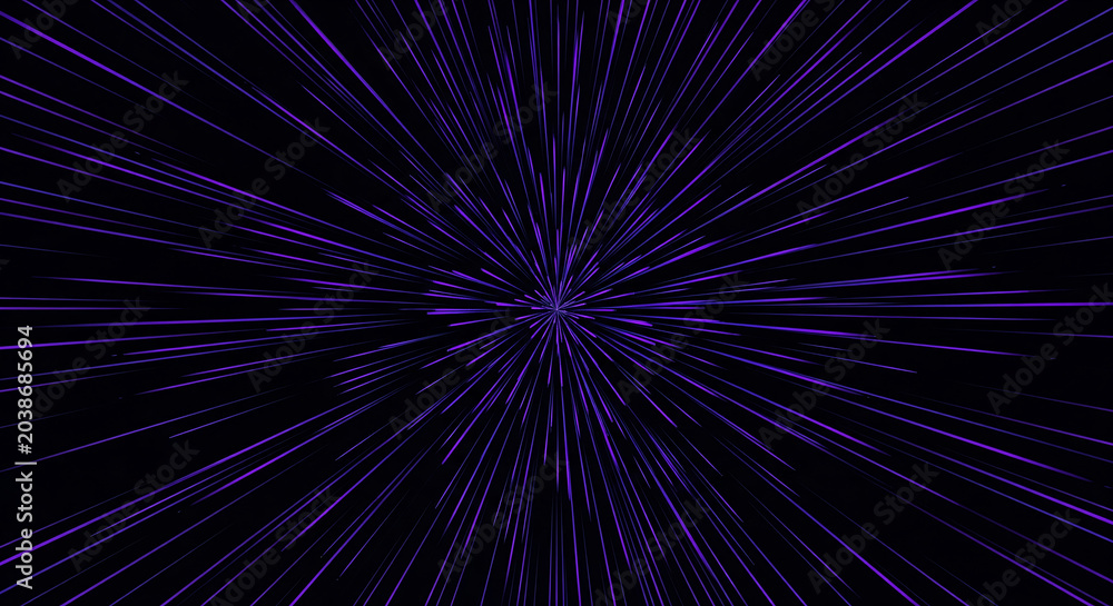 Fototapeta premium Abstract cosmic energy explosion radiating from central point in deep purple gradient space background