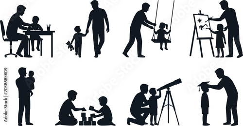 Father and child daily lifestyle silhouettes set, dad parenting collection with homework, walking, swinging, painting, carrying baby, building blocks, stargazing, and graduation, isolated vector icons