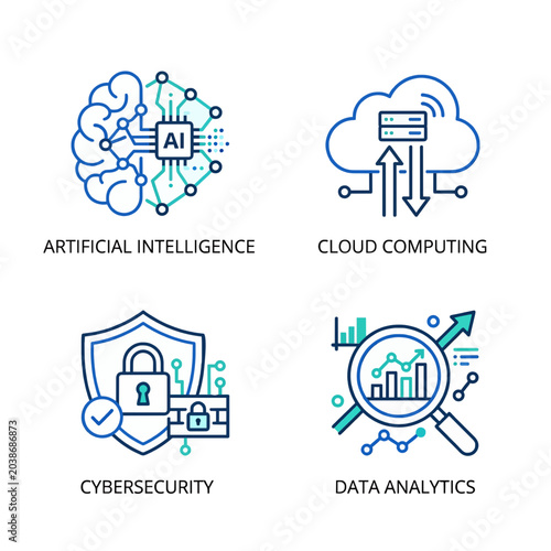 Technology Icons Set with Artificial Intelligence, Cloud Computing, Cybersecurity, and Data Analytics