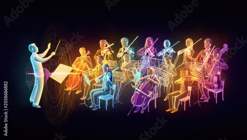 Orchestra Conductor Leading Musicians with Neon Glow