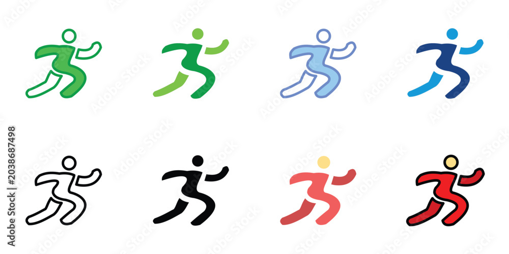 Fototapeta premium Running Athlete Icon Set in Flat Outline Glyph and Colorful Style for Fitness Sport Marathon and Cardio Design