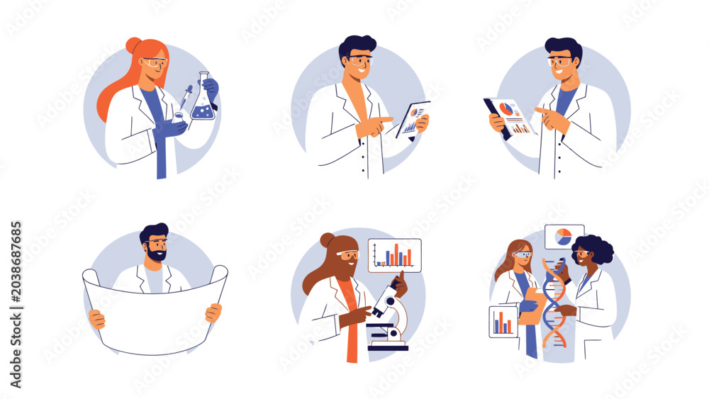Fototapeta premium Set of diverse scientists and researchers working in laboratories, conducting experiments, and analyzing data, representing scientific innovation and discovery.
