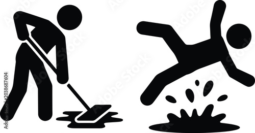 Minimalist Mopping Janitor and Slip and Fall Hazard Vector Icon Set, Modern Workplace Safety Warning Badges, Wet Floor Hazard, and Accident Prevention Graphics, vector, illustration, silhouette.