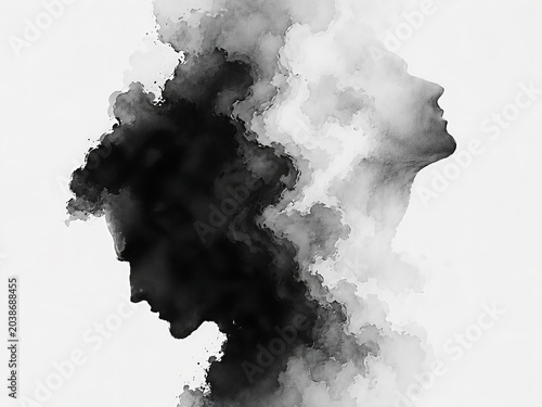 Bipolar, calm elevated and depressed man, silhouette of a person, abstract art for mental health issues, smoke like black and white, emotional duality
