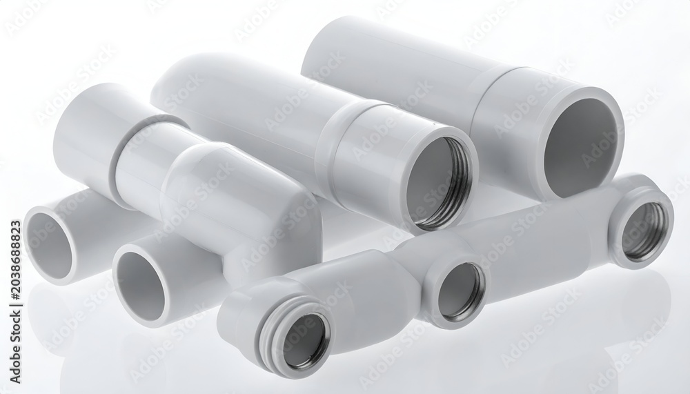 Fototapeta premium White Plastic Plumbing Pipes and Fittings for Water Systems.
