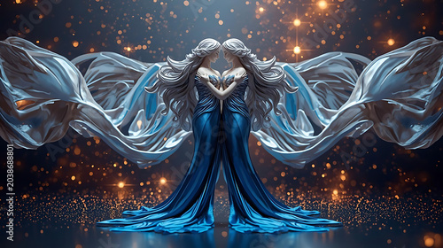 Gemini zodiac twins symbol, elegant celestial dual figures with flowing silver and blue fabric, modern cosmic background, glowing constellation particles, luxurious gradient lighting