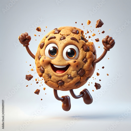 Happy chocolate chip cookie character jumping with joy