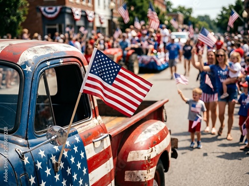 A festive parade featuring American flags and a vintage truck painted with stars and stripes.
