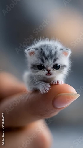 Cute tiny cat sitting on fingertip with soft fur and charming cozy atmosphere animal video.